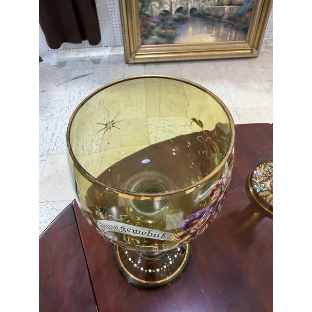 Art Deco Rare Antique Large Roemer Lion Green Handblown Glass German Enamel 11.5” Goblet For Sale - Image 3 of 5