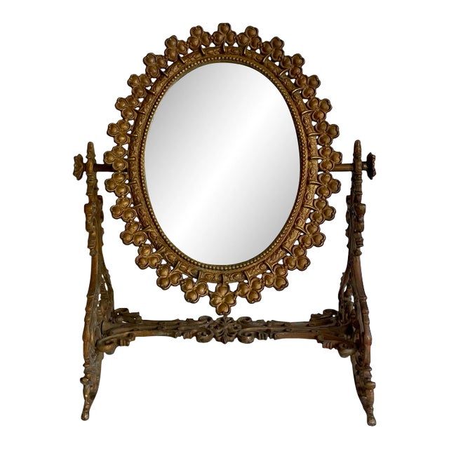 Antique Swivel Ornate Cloverleaf Freestanding Vanity Mirror For Sale