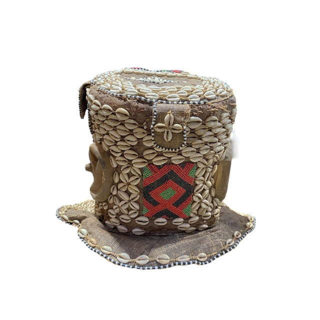Textile Unique Vintage Large African Tribal Beaded Kuba Royal Head Mask Congo 15" H For Sale - Image 7 of 13