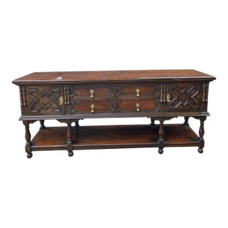 Antique English Carved Oak Sideboard With Intricate Geometric Carvings and Brass Hardware For Sale