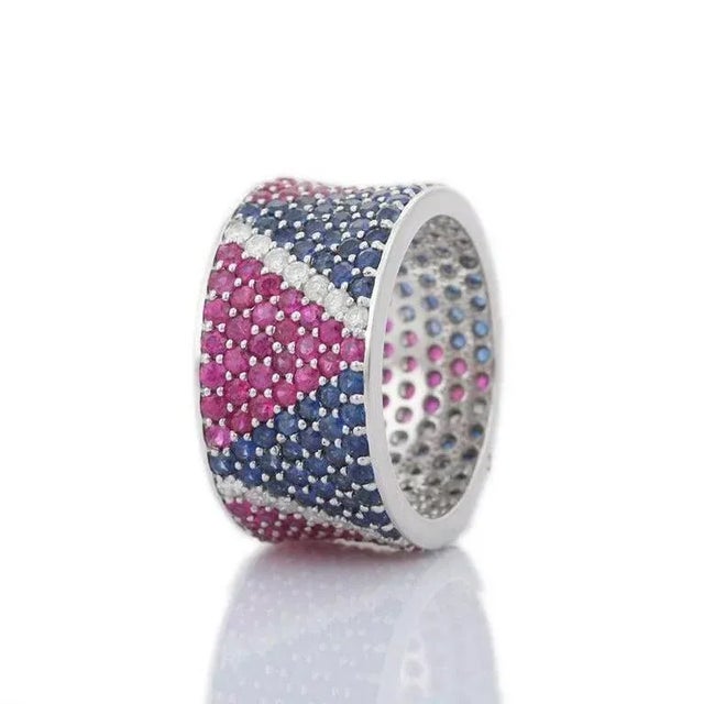 Art Deco 18k Solid Gold Pave Diamonds Sapphires & Ruby Cocktail Band Ring Size 7 For Sale - Image 3 of 10