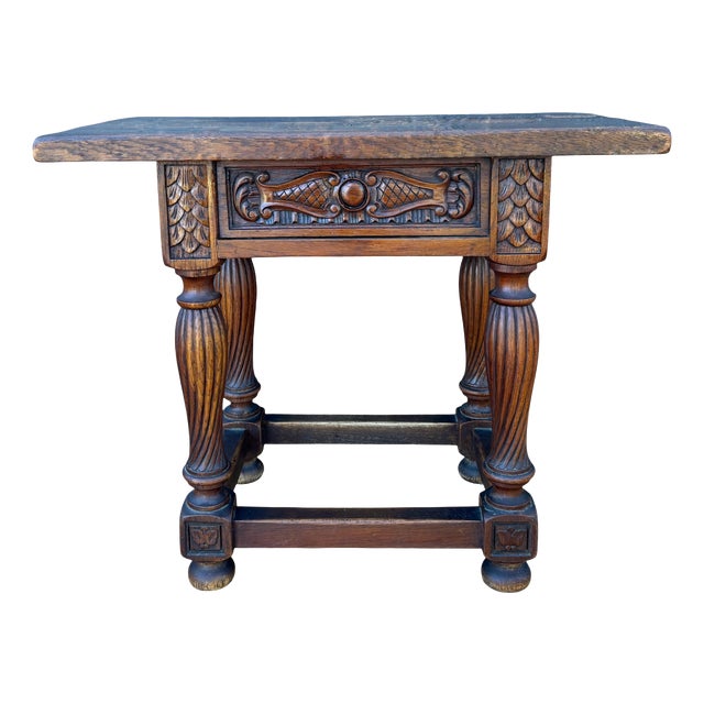 Spanish Renaissance Revival Oak Side Table with Drawer, 1920s For Sale