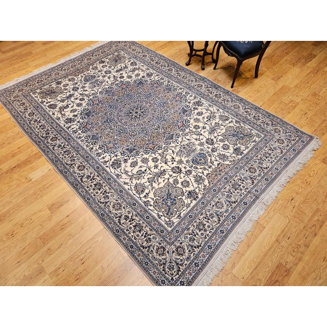 Vintage Exceptionally Fine Nain Area Rug, Hand-Knotted Wool & Silk, Floral Pattern, 7x11, Ivory & Blue For Sale In Chicago - Image 6 of 18