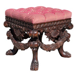 18th C Style Carved Italian Walnut Footstool Ottoman Bench For Sale