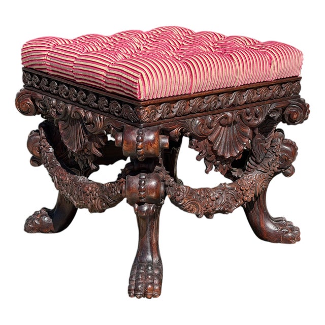 18th C Style Carved Italian Walnut Footstool Ottoman Bench For Sale