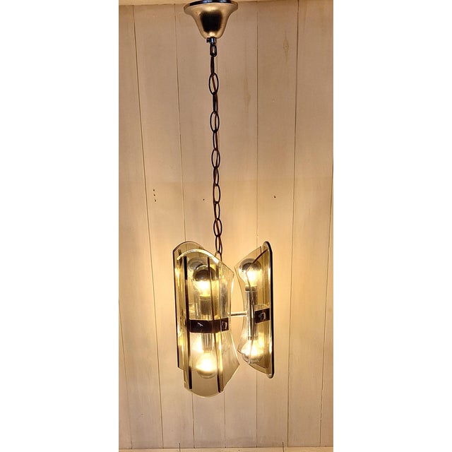 Metal 6-Light Ceiling Lamp with Chrome-Plated Metal Frame and Tinted Cut Crystal Glass Panels, 1970s For Sale - Image 7 of 7