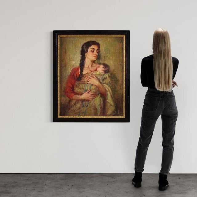 Spanish painting from the mid-20th century. Oil on canvas, glued on masonite, painting depicting Maternity, Woman with...