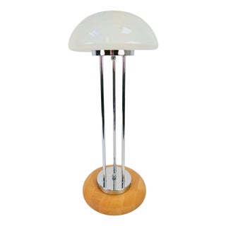 Vintage Mushroom Opaline Glass and Chrome Table Lamp, 1970s For Sale
