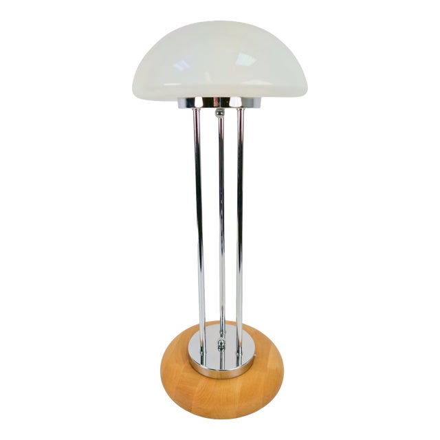 Vintage Mushroom Opaline Glass and Chrome Table Lamp, 1970s For Sale