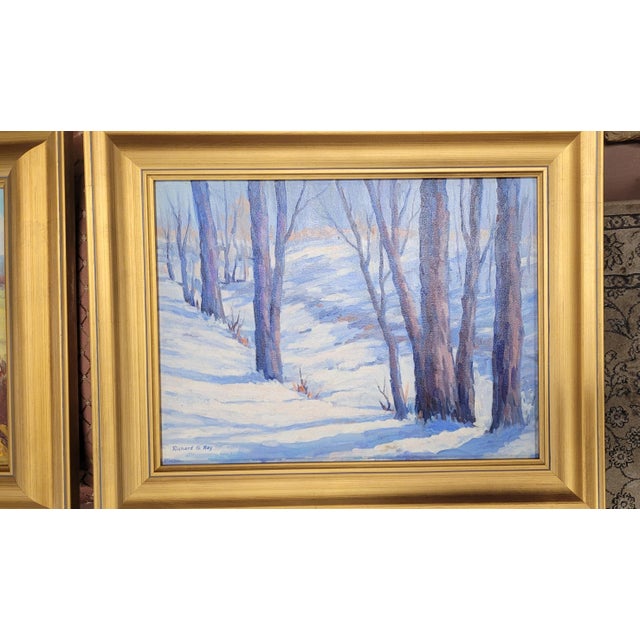 Gold 1980s Pair Vintage Oil Painting in Gold Leaf Frames For Sale - Image 8 of 10