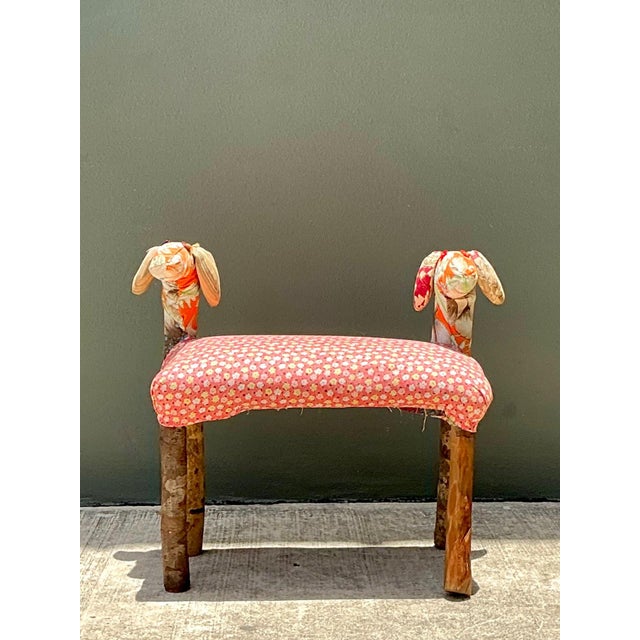 Rustic Vintage Handcrafted Textile and Wood Animal Bench For Sale - Image 3 of 18