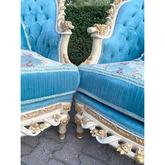 1970s French Louis XVI Turquoise Velvet Bergères Pair For Sale - Image 4 of 6