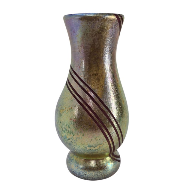 Iridescent Studio Art Glass Vase With Applied Ribbon Trail Lines 9.25" For Sale - Image 4 of 12