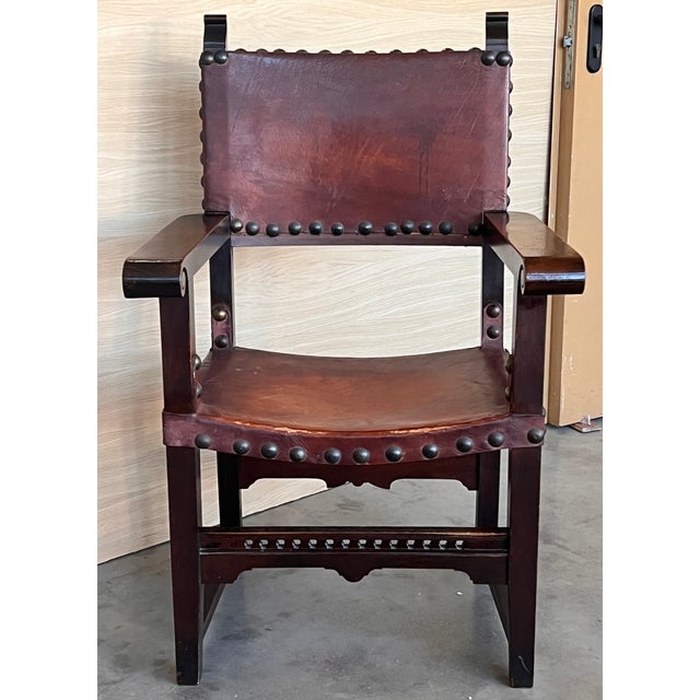 Mid 19th Century 19th Century Spanish Colonial Altar Carved Armchair With Leather Seat and Back For Sale - Image 5 of 10