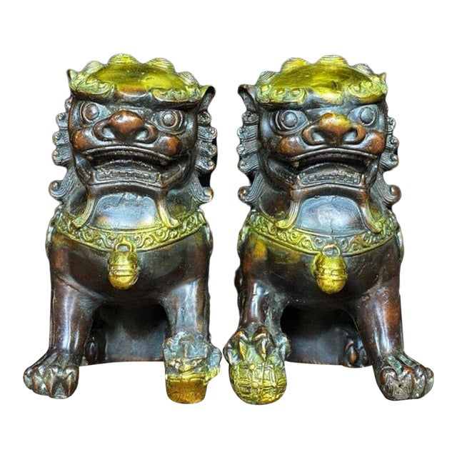 Vintage Pair of Chinese Gilt Bronze Guardian Lions (Foo Dogs) For Sale