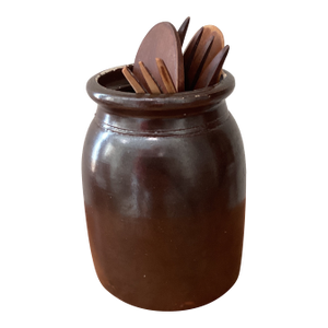 Antique Brown Glazed Stoneware Crock W/Carved Wooden Utensils France