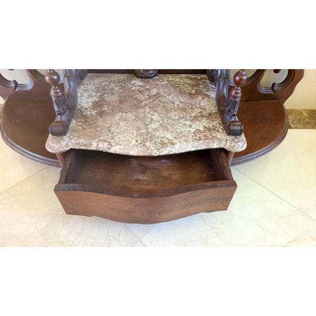 Magnificent Antique Victorian Hall Tree With Mirror, Drawer, and Marble Shelf Base - Exceptional Carving For Sale In San Diego - Image 6 of 12