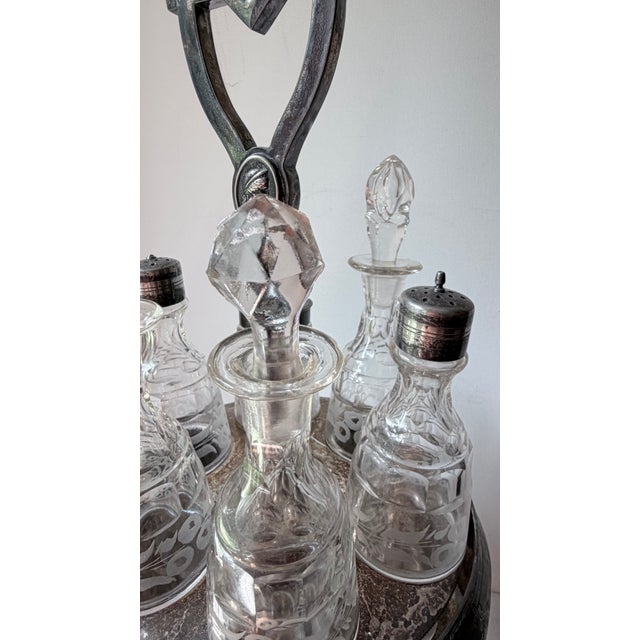 19th Century Victorian Era Castor or Cruet Set 6 Decanters and Silver-Plated Holder With Central Handle For Sale - Image 15 of 18