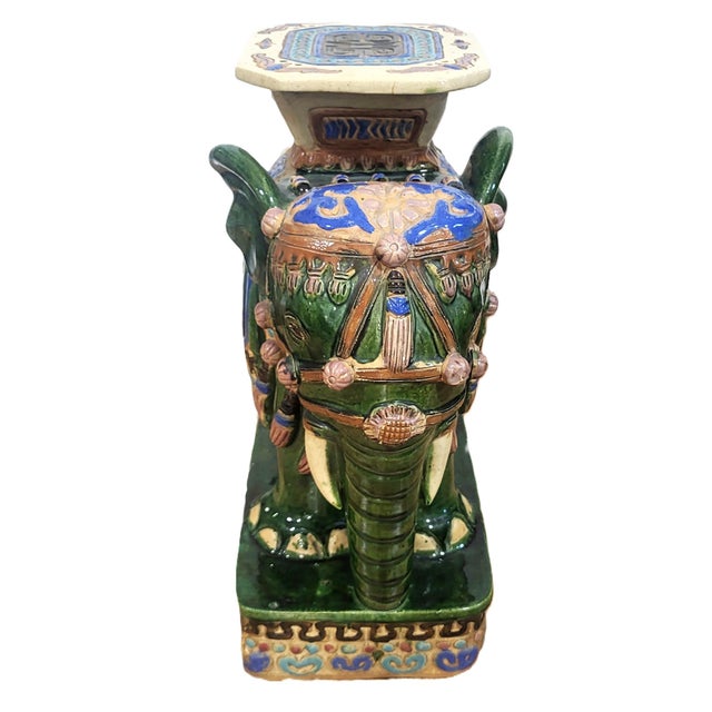 Pair Vintage Chinese Asian Glazed Terracotta Elephant Garden Stool Table Benches For Sale In New York - Image 6 of 18