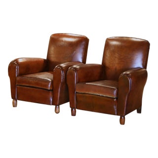 Pair of Early 20th Century French Club Armchairs With Original Brown Leather For Sale