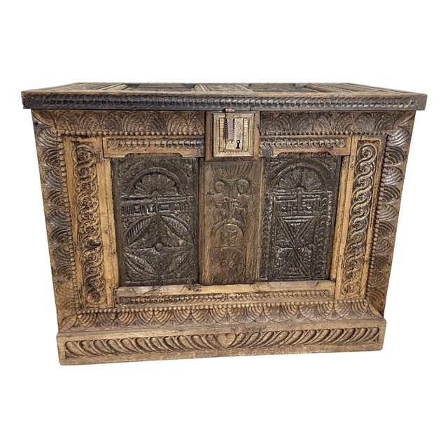 19th Century Engraved Oak Chest For Sale