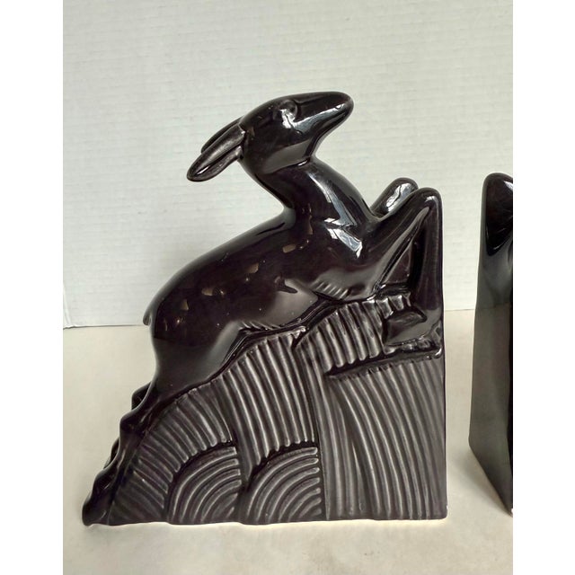 Mid-Century Modern MCM Art Deco Black Glazed Ceramic Deer Bookends For Sale - Image 3 of 12