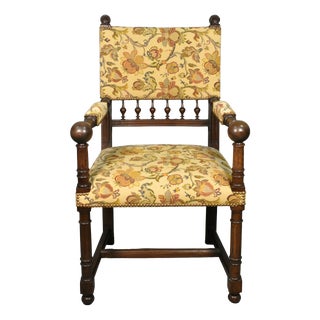 Antique French Transitional Renaissance Revival Upsholstered Armchair in Walnut, 1920s For Sale