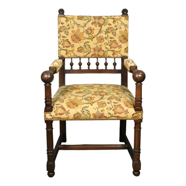 Antique French Transitional Renaissance Revival Upsholstered Armchair in Walnut, 1920s For Sale