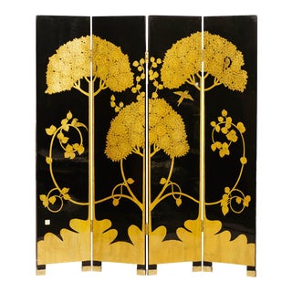 Japanese Glamorous Glossy Black & Gold Lacquer 4 Panel Double-Sided Folding Divider Screen For Sale