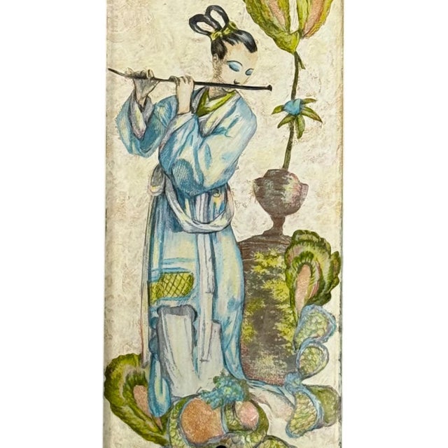 A fabulous pair of Chinoiserie push plates; each features a silver foil backing to reverse painted scenes, one figural and...