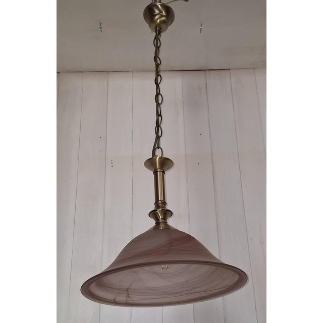 Vintage Ceiling Lamp with Pink Marbled Glass Shade on Patinated Brass Mount from Honsel, 2000s For Sale - Image 6 of 9