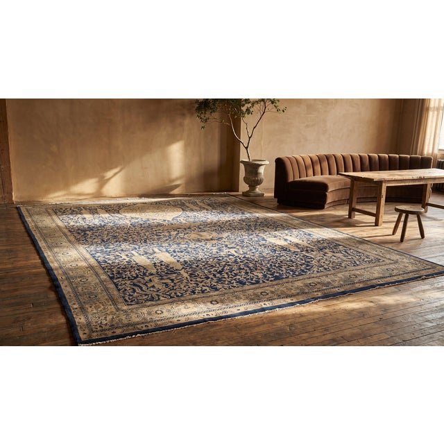 1920s Blue Navy Floral Traditional Antique Indian Lahore Rug 11'8" X 26'3" Hand Knotted Wool Carpet For Sale - Image 10 of 10