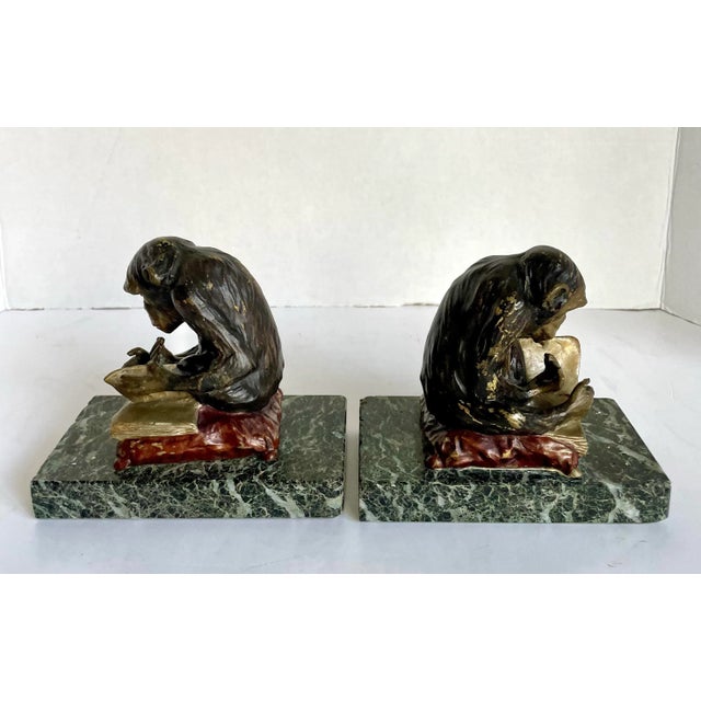 Metal Vintage Bronze Reading Monkey Bookends on Green Marble For Sale - Image 7 of 12