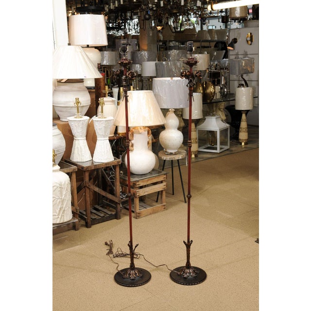 Red Stunning Pair of 1940s Italian Tole Floor Lamps, Gilt & Garnet Red For Sale - Image 8 of 12