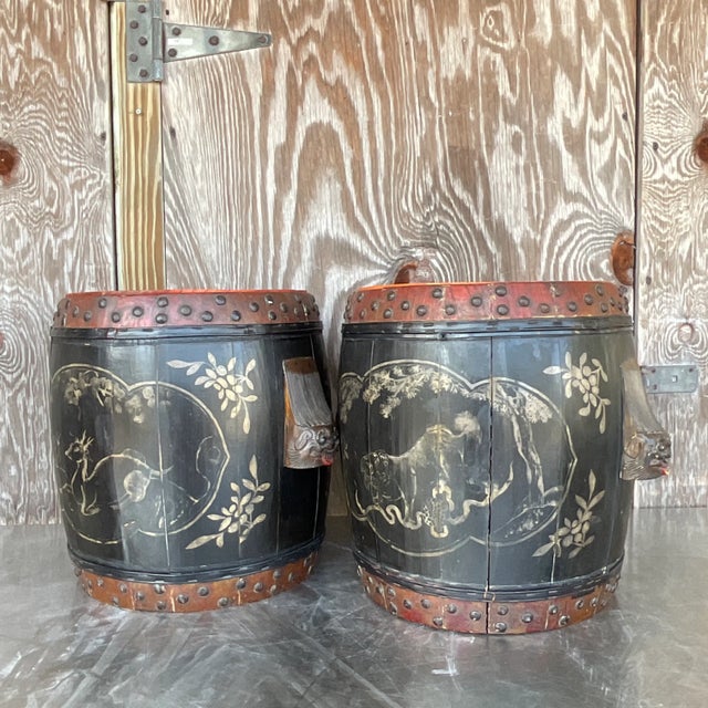 Vintage Boho Hand Painted Lidded Drums - a Pair For Sale - Image 9 of 10