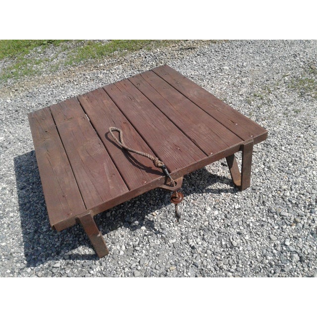 1940s Vintage Primitive Industrial Small Garden Cart Platform Table, Rustic Wood & Iron Coffee Table For Sale - Image 5 of 10