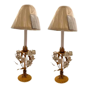 Pair of Late 20th Century Table Lamp Golden Bouquet With Porcelain Flower Italian Style