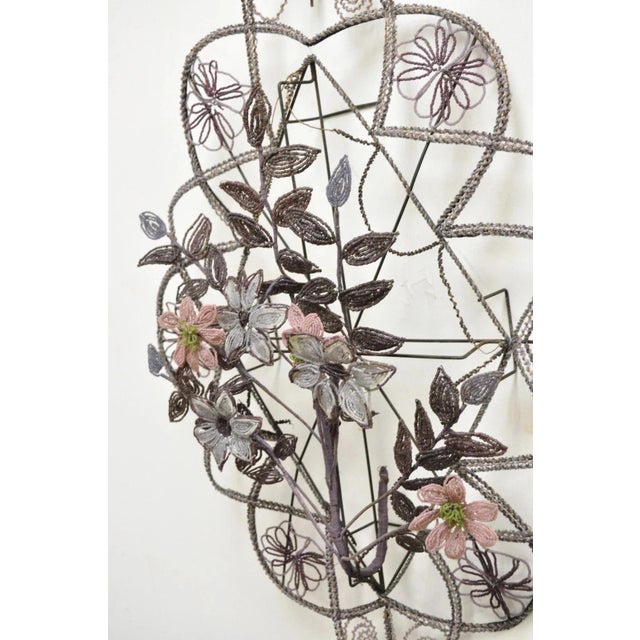 Metal Antique French Victorian Purple Glass Beaded Memorial Wreath Wall Art Sculpture For Sale - Image 7 of 10