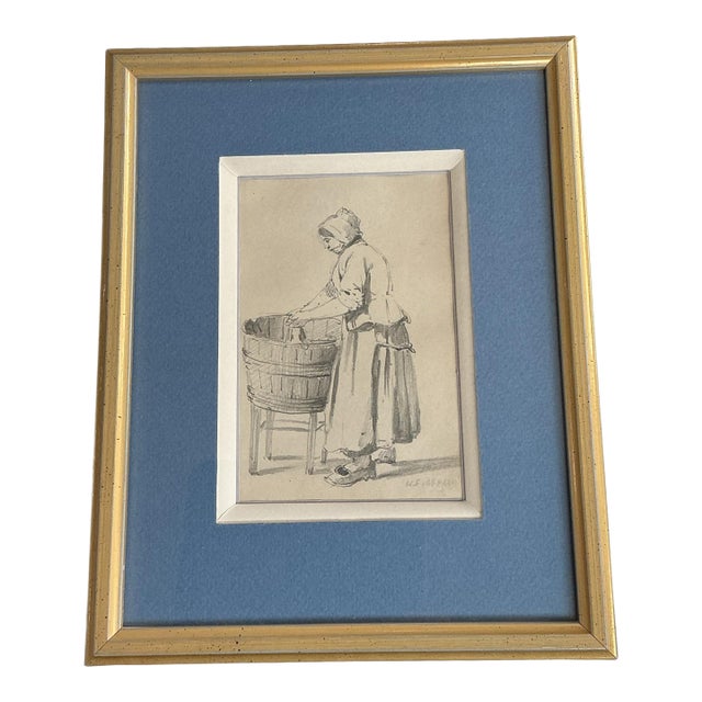 Late 19th Century Signed H.E. Bernard Figurative Drawing – Woman Washing Laundry, European Genre Study, Framed For Sale