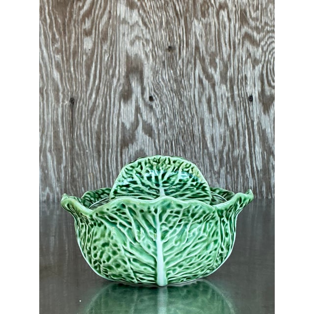 Late 20th Century Vintage Boho Bordallo Pinheiro Glazed Ceramic Cabbage Lidded Bowl For Sale - Image 5 of 7
