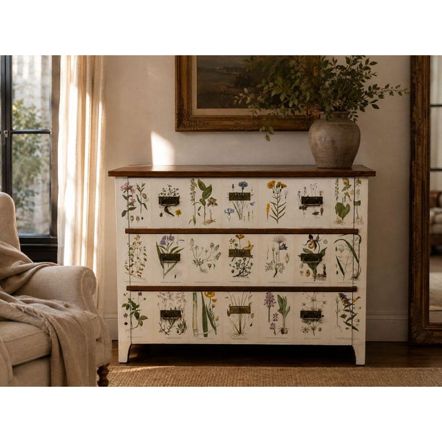 Swedish Mid-Century Modern, Nordens Flora Chest of Drawers, Brass, Mahogany, Floral Lithographs, Sweden, 1930s A wonderful...