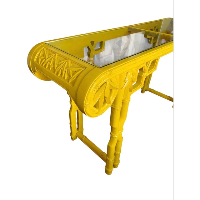 Chinoiserie 1970s Yellow Lacquer Ornate Pagoda Console For Sale - Image 3 of 6