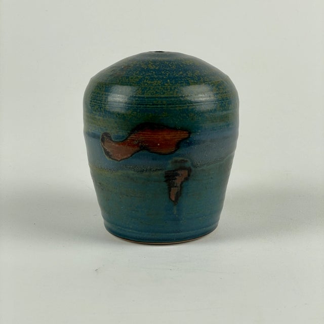1990s Small Studio Pottery Bud Vase in Sea of Green-Blue-Teal & Islands of Red-Umber For Sale - Image 4 of 8