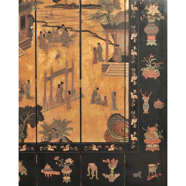 Wood Chinese Export Eight-Panel Coromandel Screen Gilt Pavilion 10 Ft For Sale - Image 7 of 18