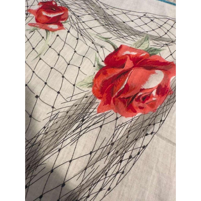 Asian Antique Vintage 1940s French Rose Scarf Cotton Floral Handkerchief Hand Rolled Turquoise Edge Floral Illustration Romantic Accessories For Sale - Image 3 of 9