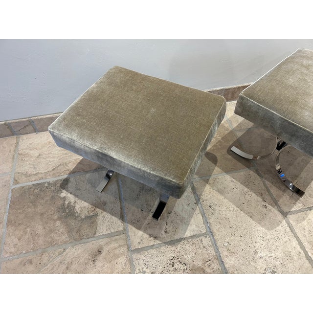 1970s Pair of Accent Stools, Ottomans in Chromed Steel & Velvet For Sale In West Palm - Image 6 of 14