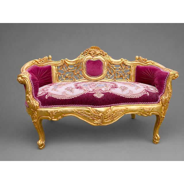 Late 20c French Louis XVI Red Velvet Gilt Beech Settee For Sale - Image 13 of 13