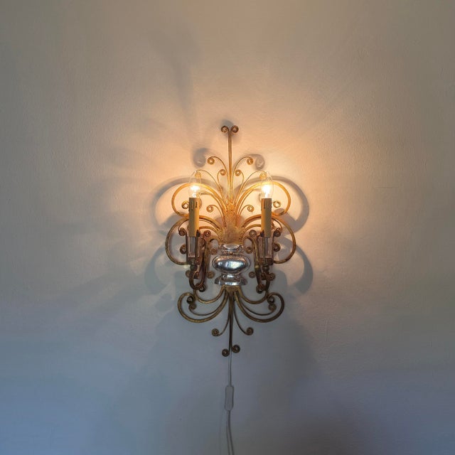 Two-Armed Wall Lamp in Iron and Crystal Glass in the style of Maison Baguès, France, 1950s For Sale - Image 11 of 15