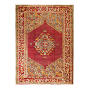 Spellbinding Red-Raspebery Fiedl With Delicate Medallion Pattern Antique Turkish Ghiordes Oushak Rug
