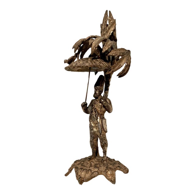 Folk Art Silver Man Holding Umbrella with Bird Sculpture For Sale